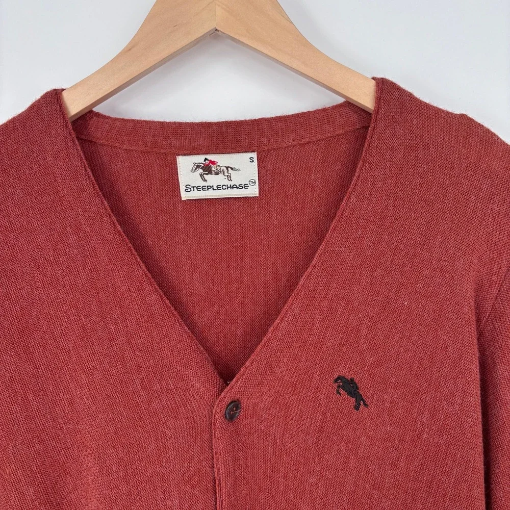 Vtg Steeplechase Cardigan Sweater Mens S Rust Red Button Front Equestrian Logo